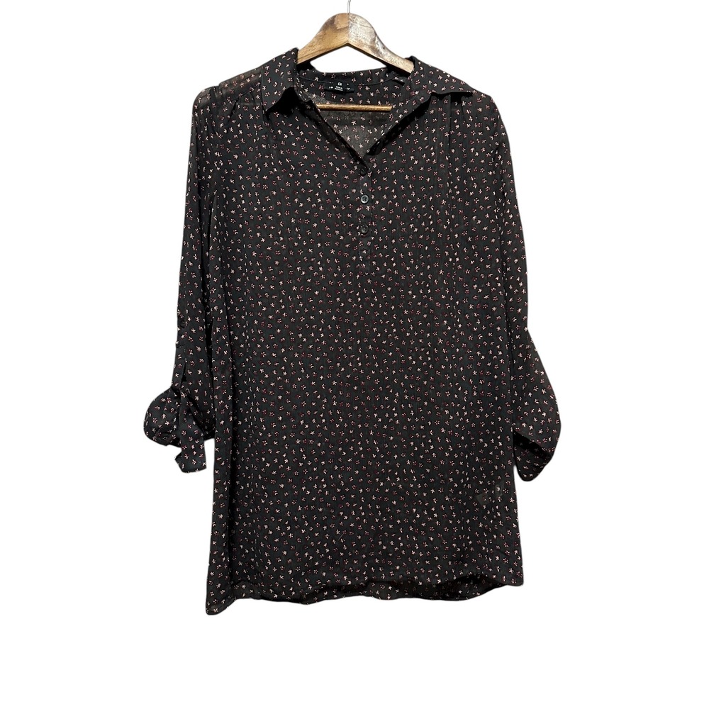 I Love Ronson Dark Floral Print Button Up Collared Shirt Dress Size S